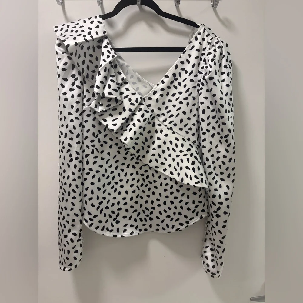Self-Portrait Polka Dot Ruffled Satin Blouse Size 2 - Picture 3 of 11